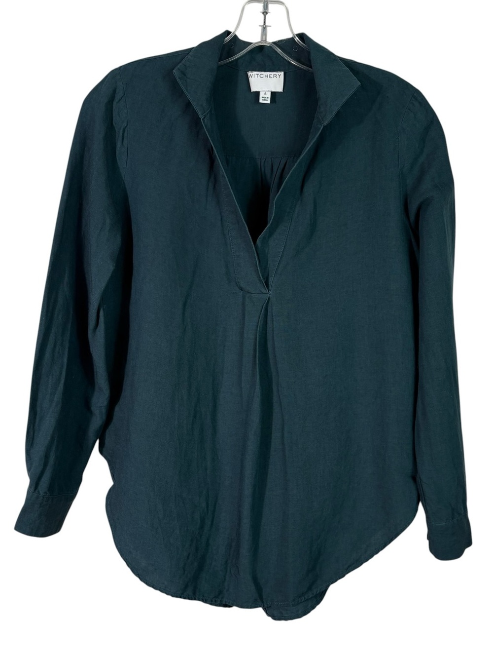 Witchery Linen Blend Teal Blue Long Sleeve V-Neck Shirt Breathable Jewel Tone 6